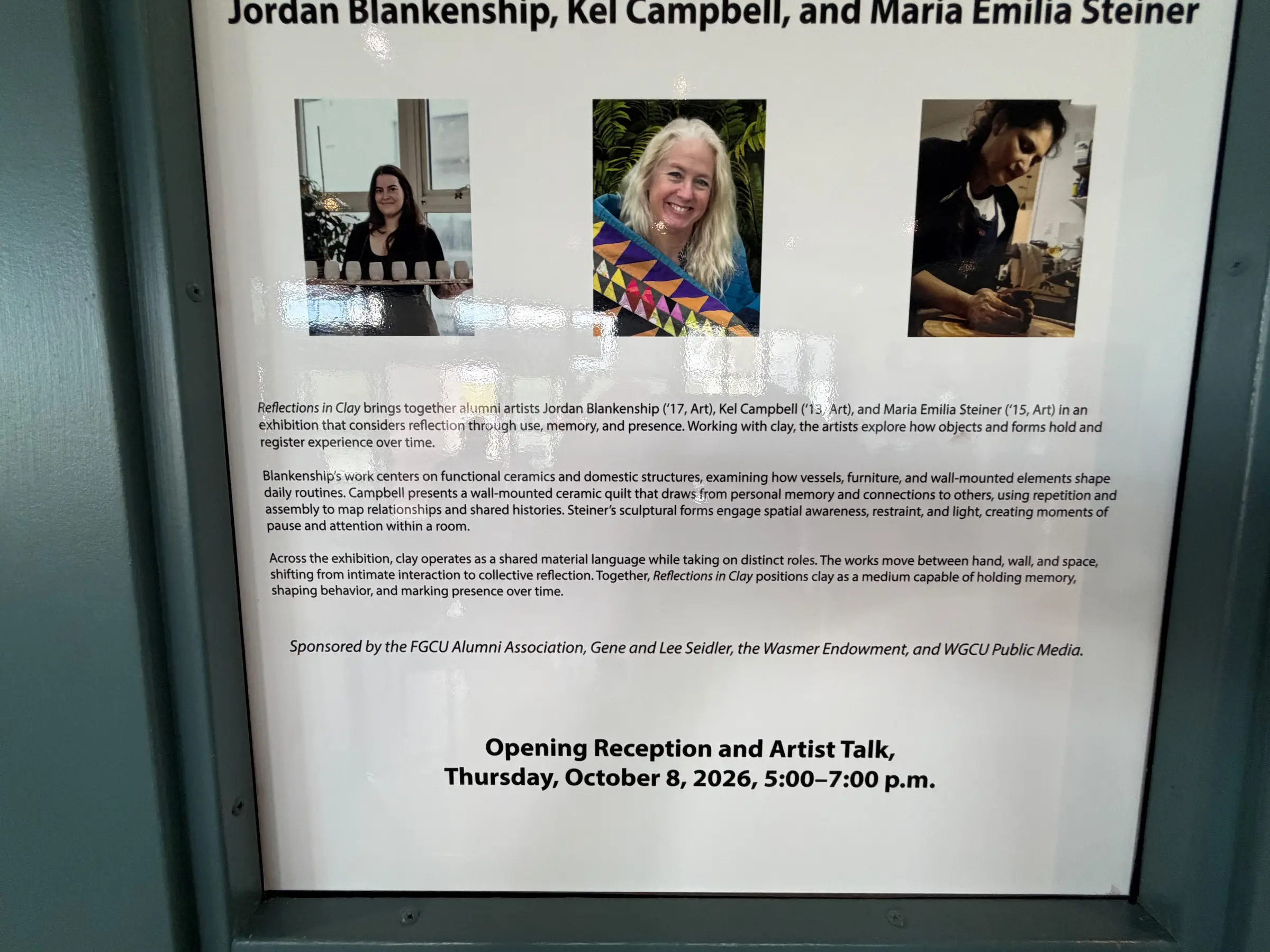 Exhibition poster introducing the three artists in the alumni show