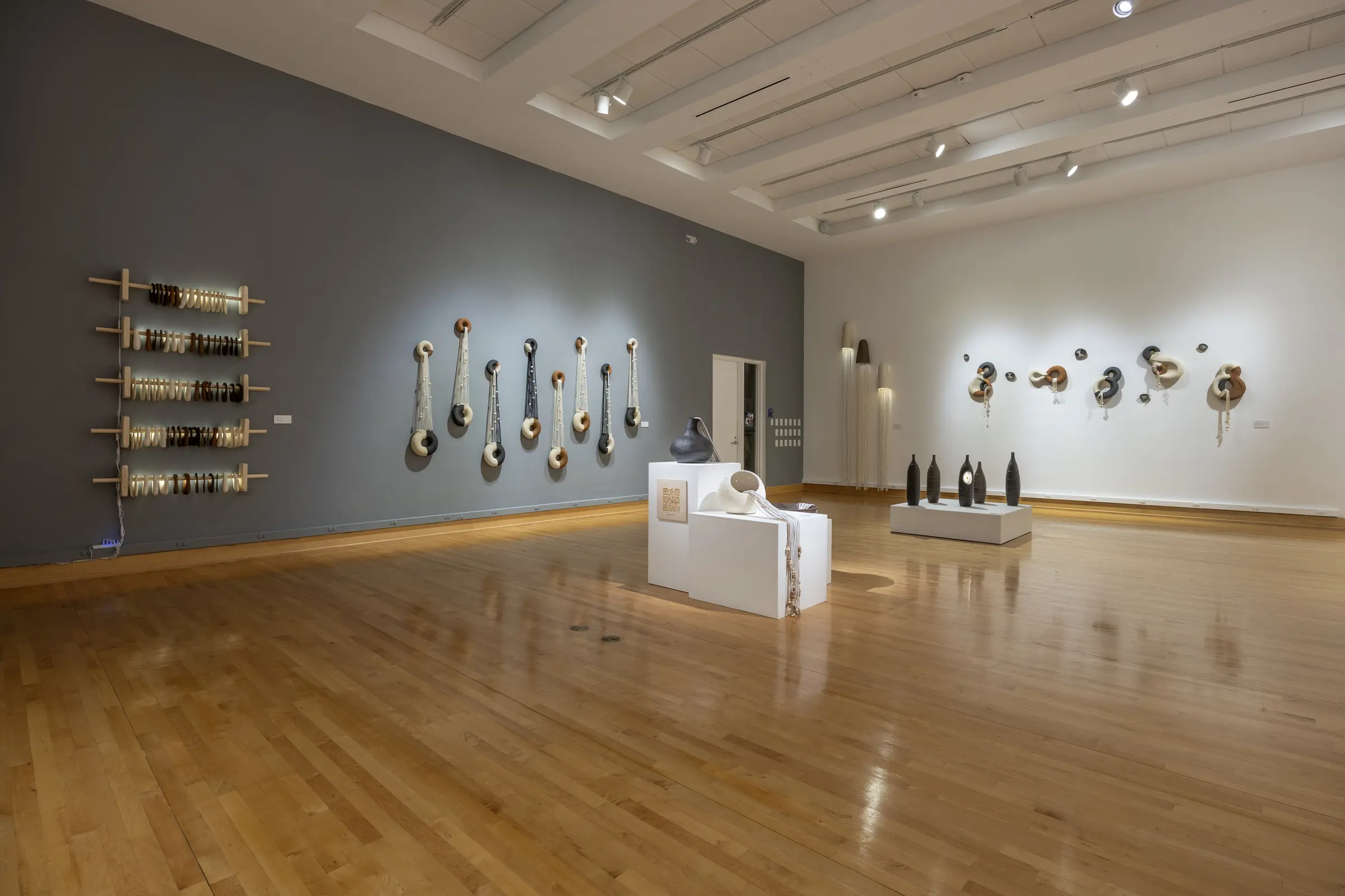Wide view of the Reflections in Clay installation in the gallery