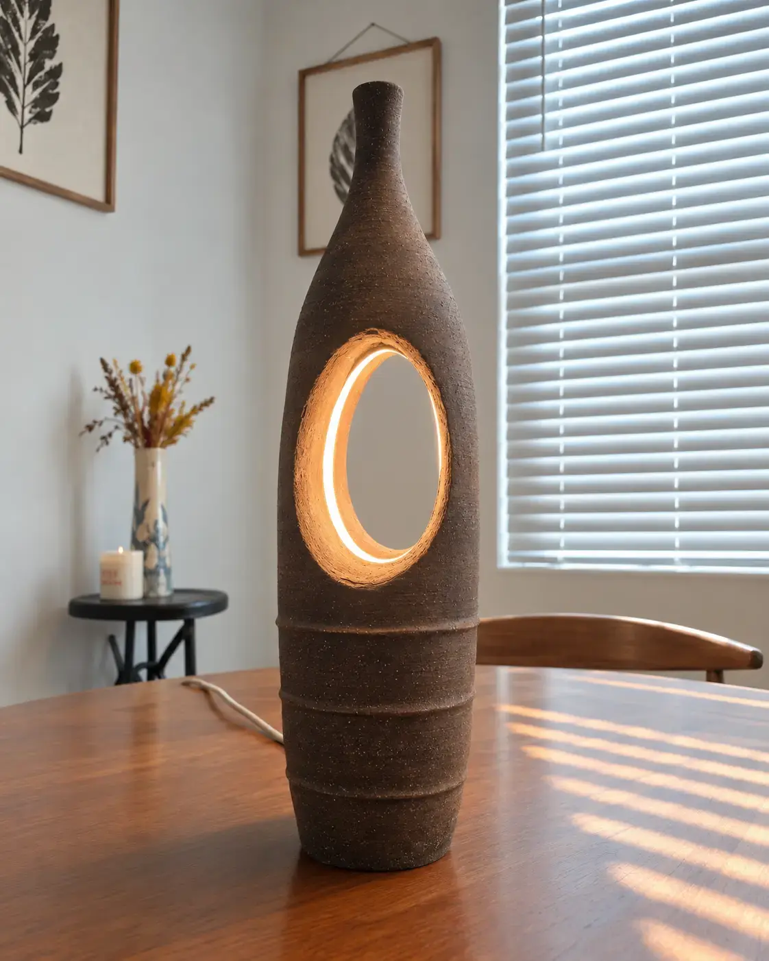 Finished illuminated ceramic vessel displayed on a table